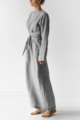 Women's Linen Wrap-Tie Long-Sleeve Dress with Belted Waist