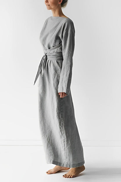 Women's Linen Wrap-Tie Long-Sleeve Dress with Belted Waist