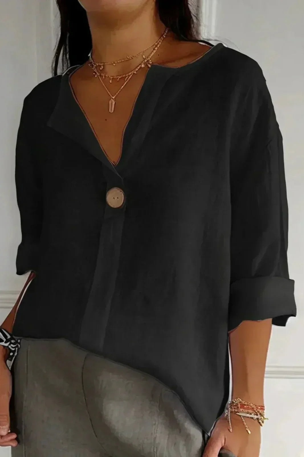 Natasha Linen Blouse with V-Neck Single Button and Rolled Sleeves
