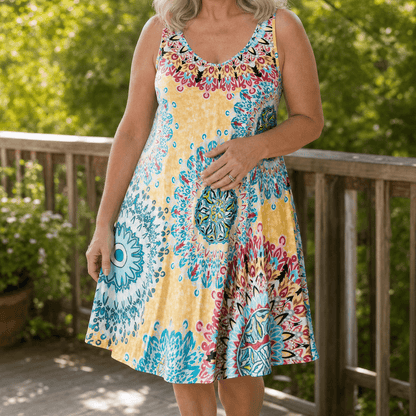 Women's Sleeveless A-Line Mandala Print Summer Dress with Scoop Neck