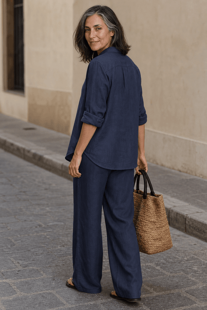 Women's Linen Shirt and Wide-Leg Tailored Trouser Two-Piece Set