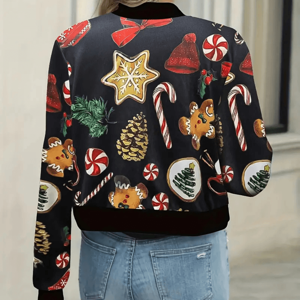 Jorja Christmas Print Cropped Bomber Jacket for Women