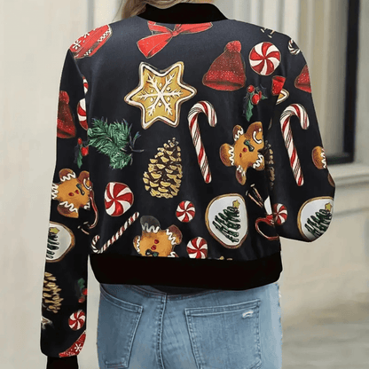 Jorja Christmas Print Cropped Bomber Jacket for Women