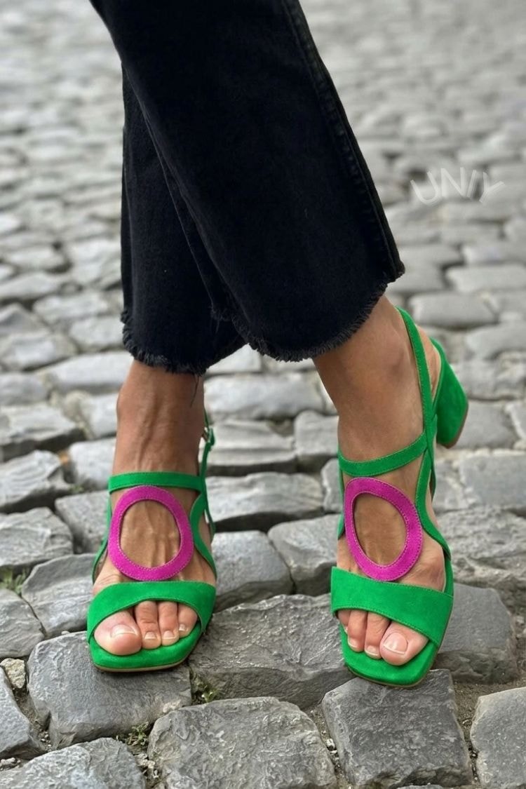 Women's Cushioned Suede Block Heel Sandals with Round Cutout Detail