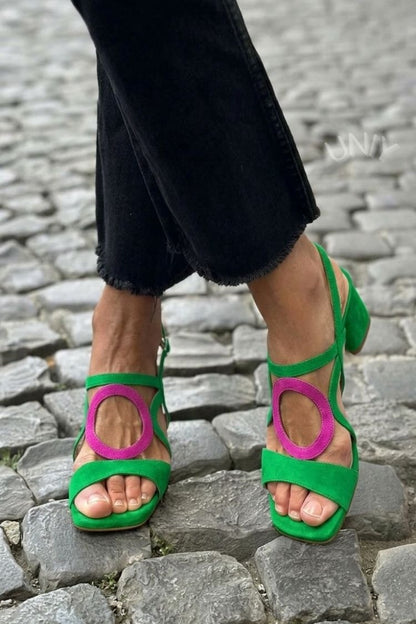 Women's Cushioned Suede Block Heel Sandals with Round Cutout Detail