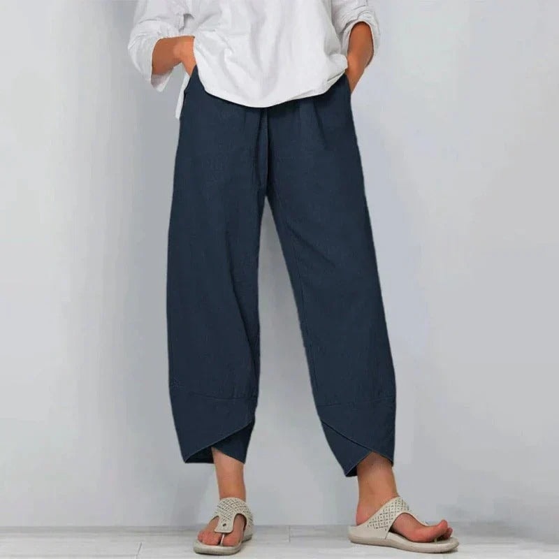 Women's Wide-Leg Cropped Linen-Blend Gaucho Pants with Elastic Waist