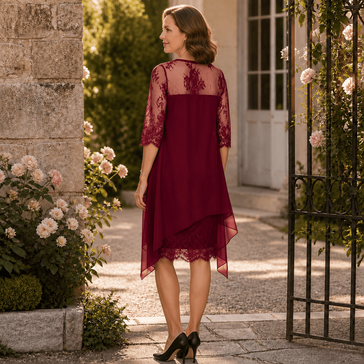 Floral Lace High-Low Midi Dress with Flowy Hem for Women