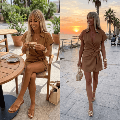 Linen-Look Wrap Collar Playsuit with Tie-Waist for Women