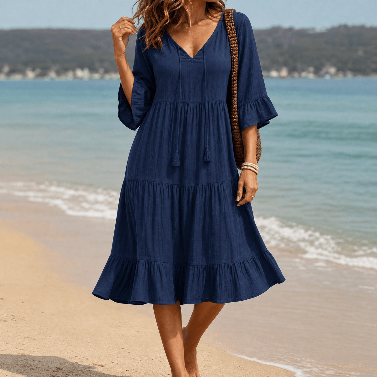 Solera Tiered Cotton Midi Dress with V-Neck Tassel Tie and Flared Sleeves