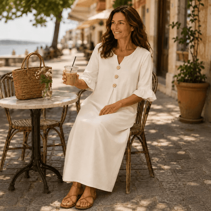 Marellia Flowy Linen-Look V-Neck Summer Maxi Dress with Ruffle Sleeves and Pockets