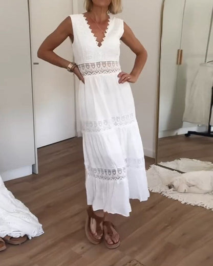 Anna Lace-Trim V-Neck Tiered Cotton Summer Dress with Open Back