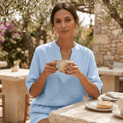 Women's V-Neck Linen-Look Top and Shorts Two Piece Set