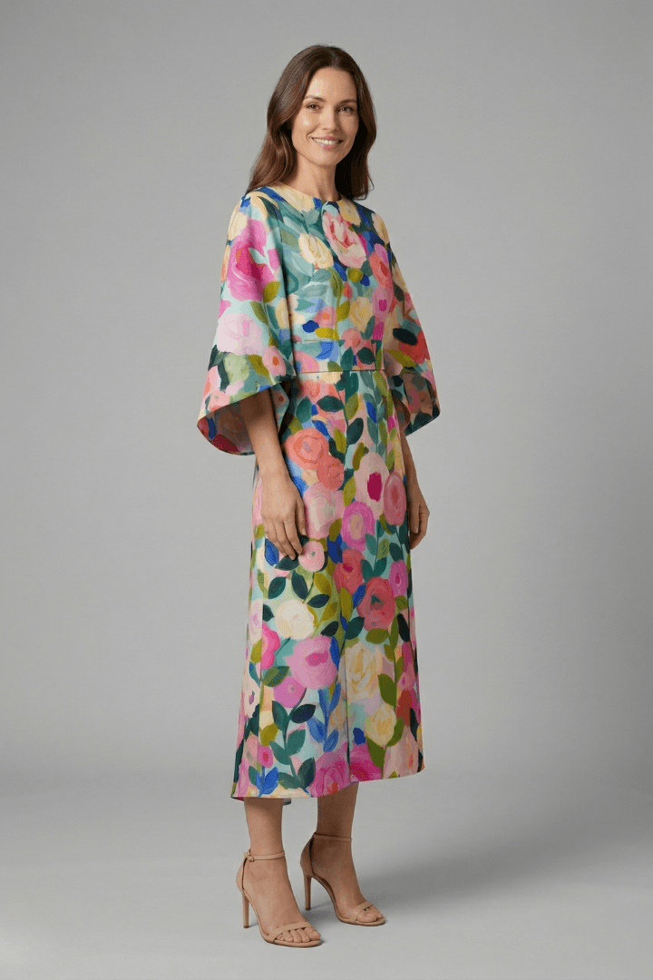Floral Print Round Neck Women's Midi Dress with Wide Bell Sleeves