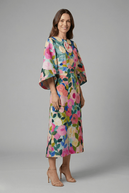 Floral Print Round Neck Women's Midi Dress with Wide Bell Sleeves