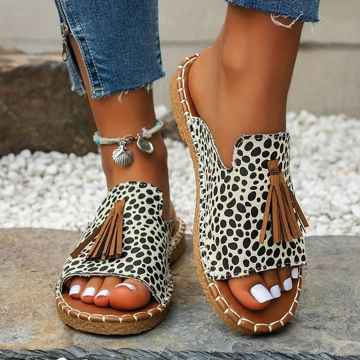 Naomi Kirkland Woven Cushioned Sandals with Boho Tassel Detail for Women