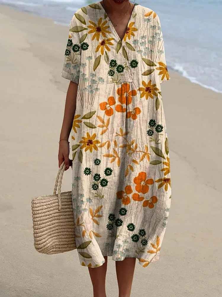 Eleanor Floral Embroidered V-Neck Cotton Blend Women's Midi Dress