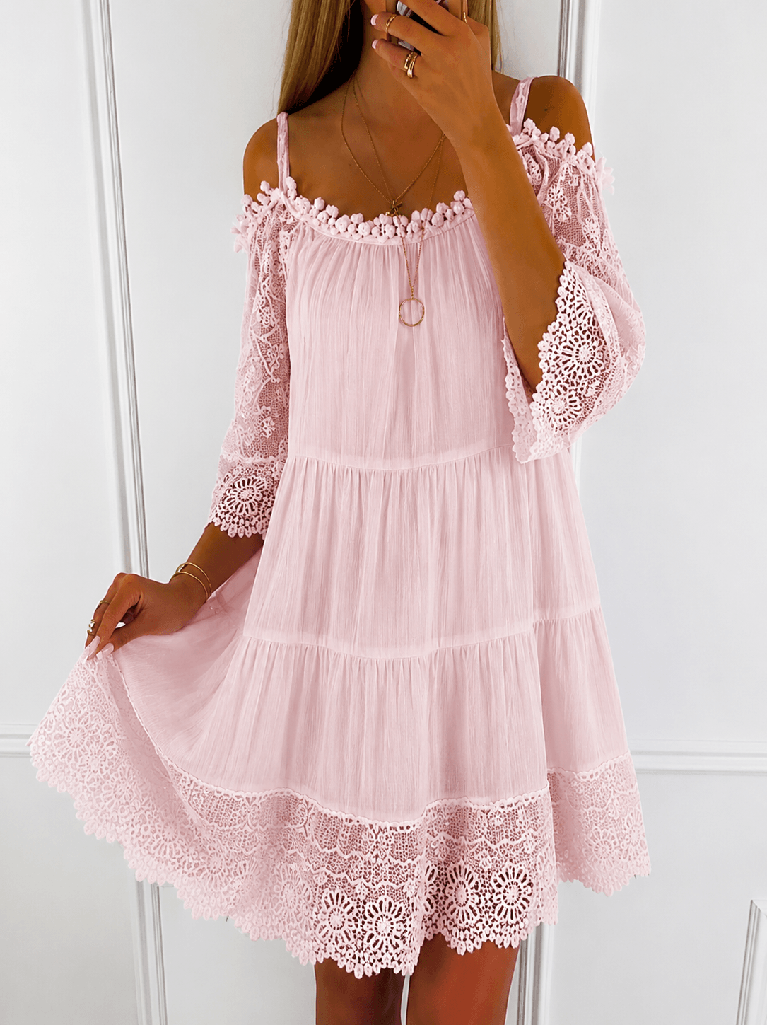 Esme Cold Shoulder Tiered Lace Trim Summer Mini Dress with Spaghetti Straps for Women