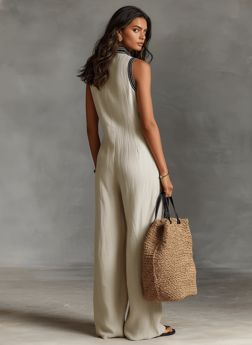 Women's Embroidered Stand Collar Sleeveless Linen Jumpsuit