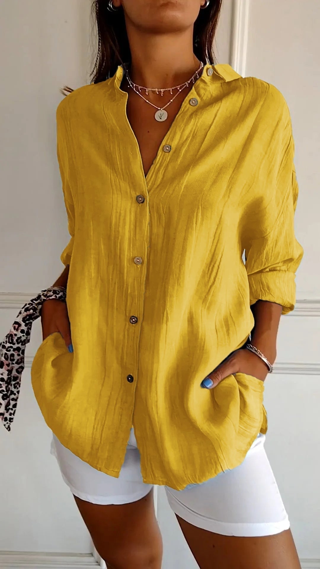 Sasha Pleated Cotton Blend Long-Sleeve Blouse for Women with Button-Up Front