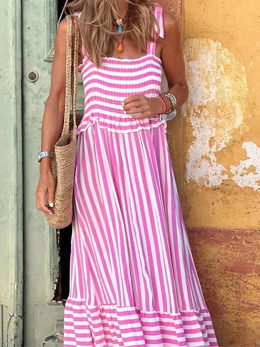 Emilia Striped Cotton-Blend Smocked-Bodice Women's Midi Dress with Tie Straps