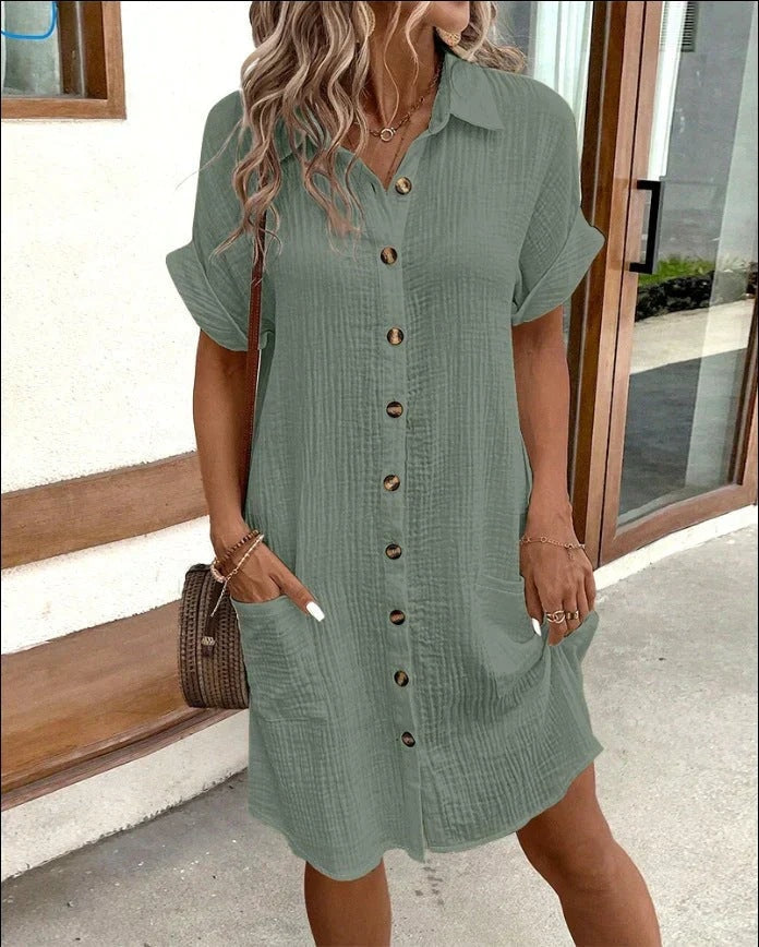 Tessa Button-Up Collared Cotton Blend Midi Dress for Women in Textured Solid