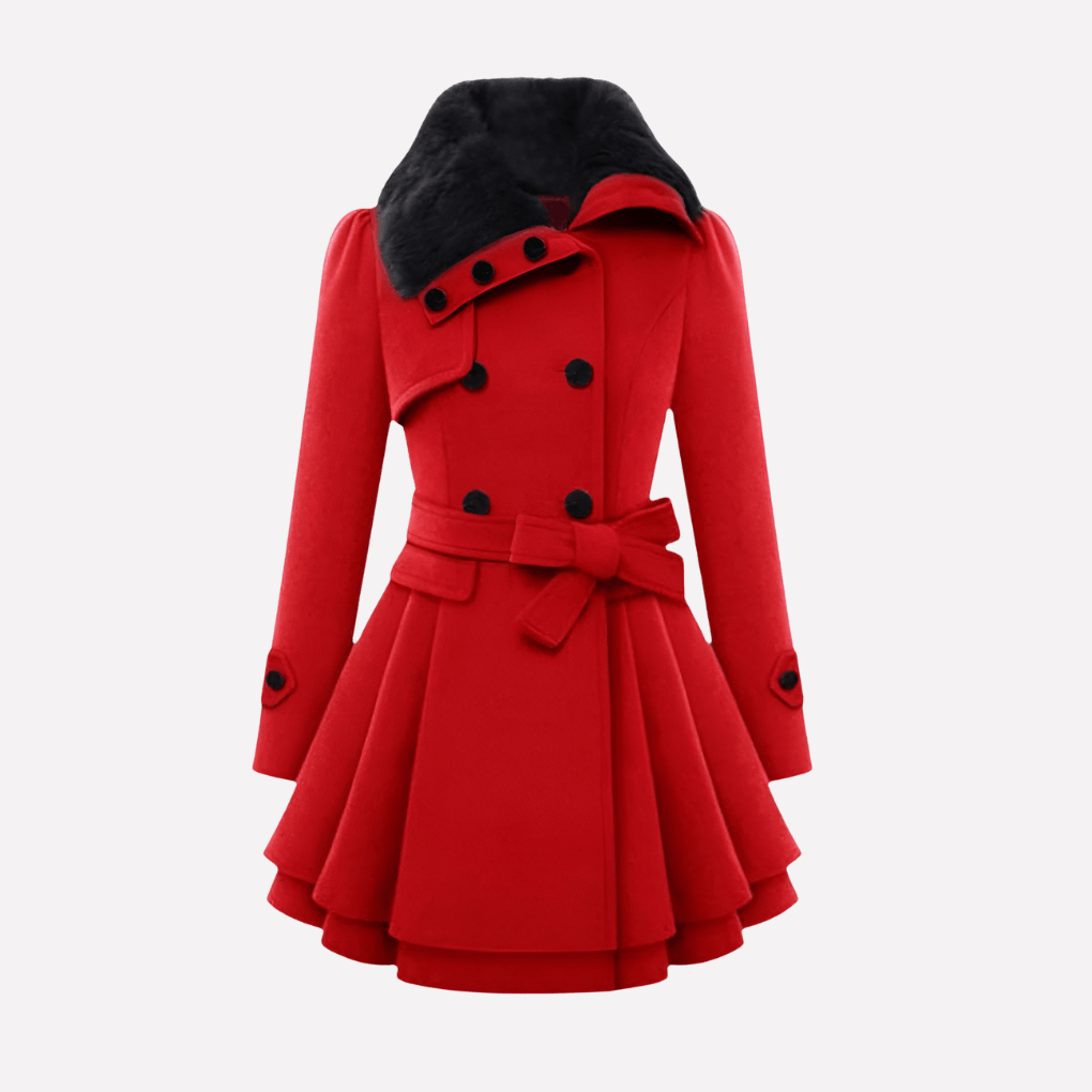 Fit and Flare Wool Blend Pea Coat with Belted Waist and Faux Fur Collar