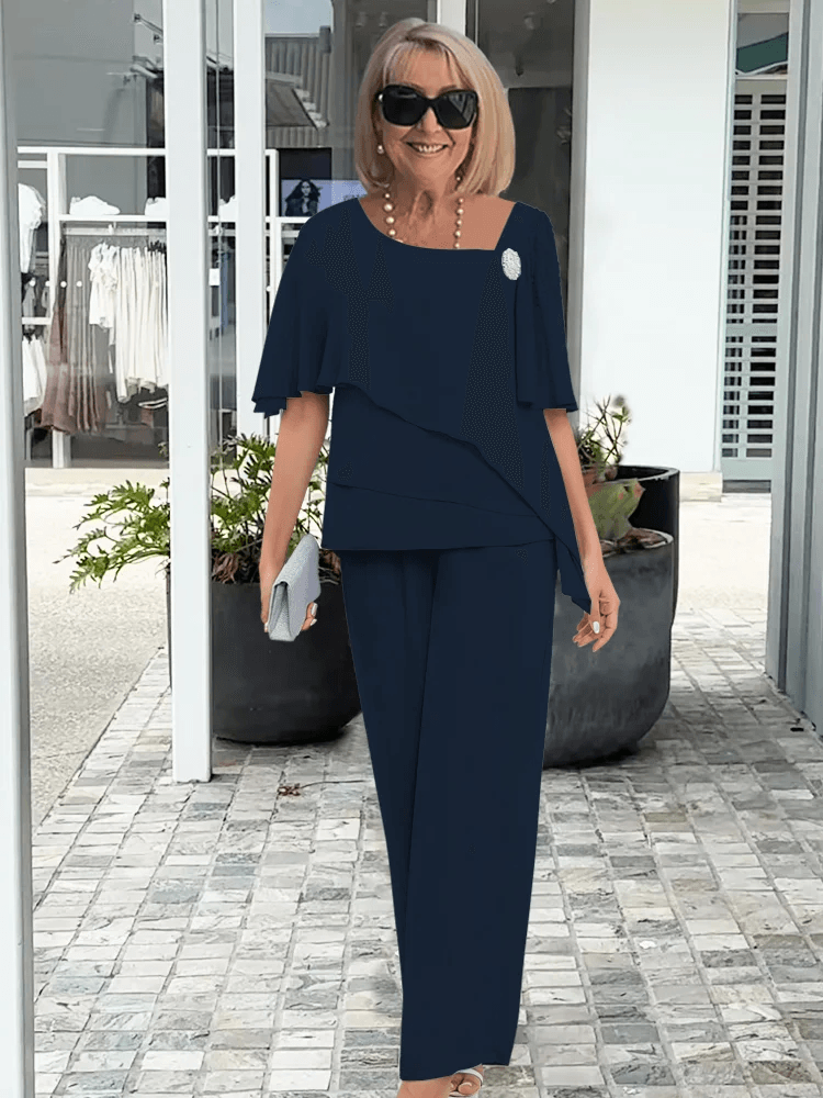 Women's Matching Two-Piece Set with Layered Flutter-Sleeve Top and Wide-Leg Pants