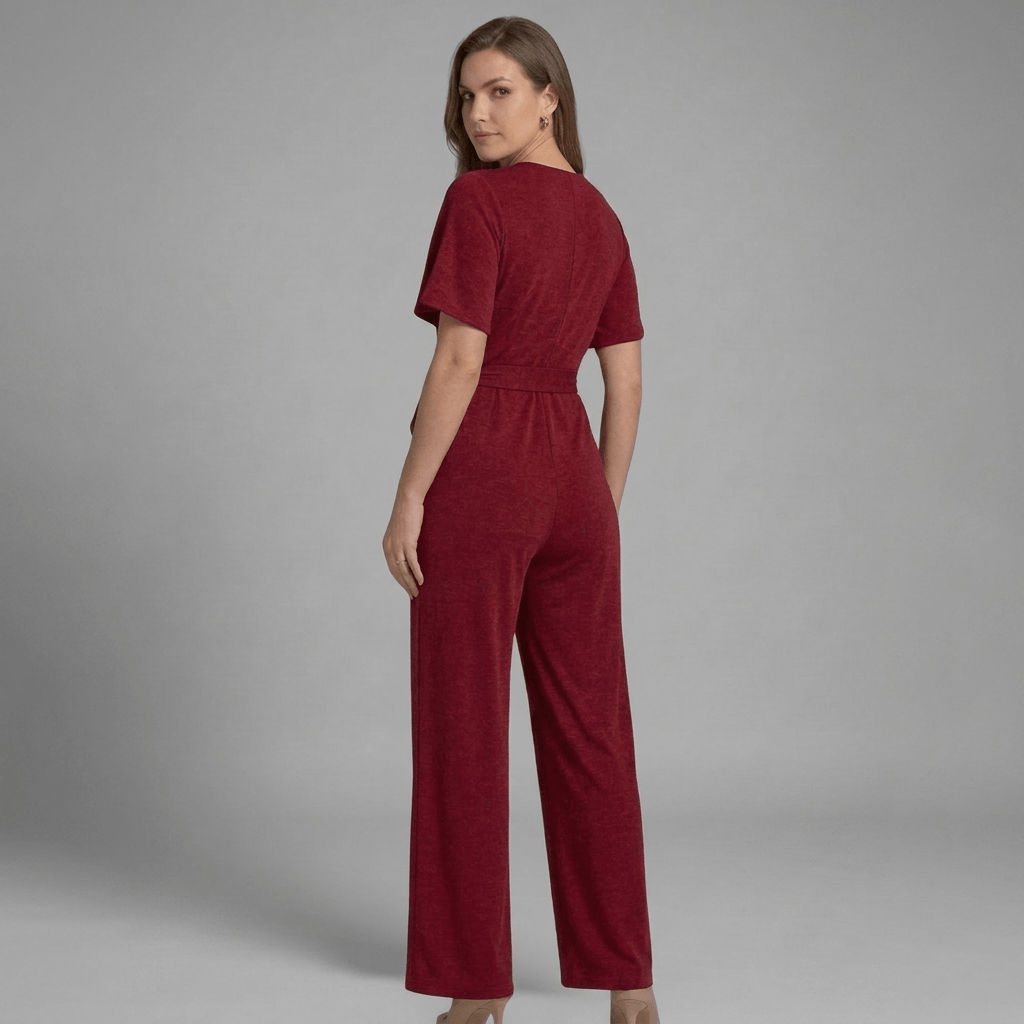 Liora Wrap Front V-Neck Wide-Leg Jumpsuit with Short Sleeves and Waist Tie