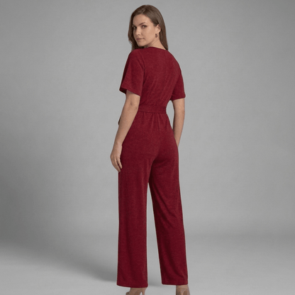 Liora Wrap Front V-Neck Wide-Leg Jumpsuit with Short Sleeves and Waist Tie
