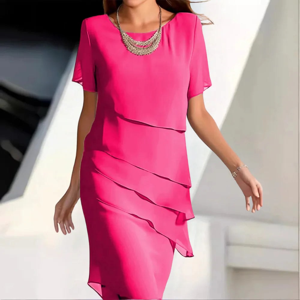 Layered Chiffon Short-Sleeve Summer Midi Dress for Women with Crew Neck