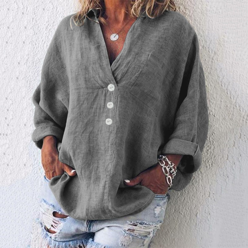 Women's Long Sleeve Button-Up Polyester Blouse with Chest Pocket