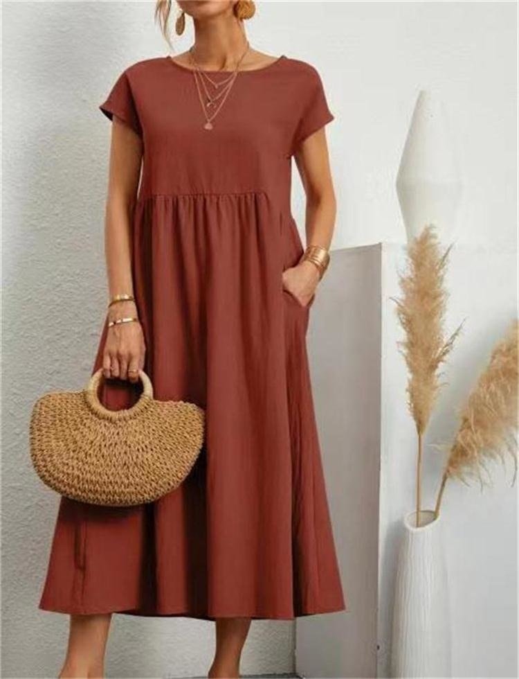 Cotton Blend Women's Midi Dress with Pockets and Cap Sleeves