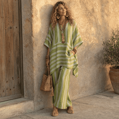 Iluma Striped Half-Sleeve Tunic Top for Women in Boho Style