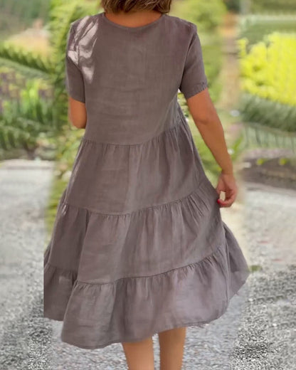 Elsie Tiered V-Neck Cotton Linen Summer Dress with Short Sleeves