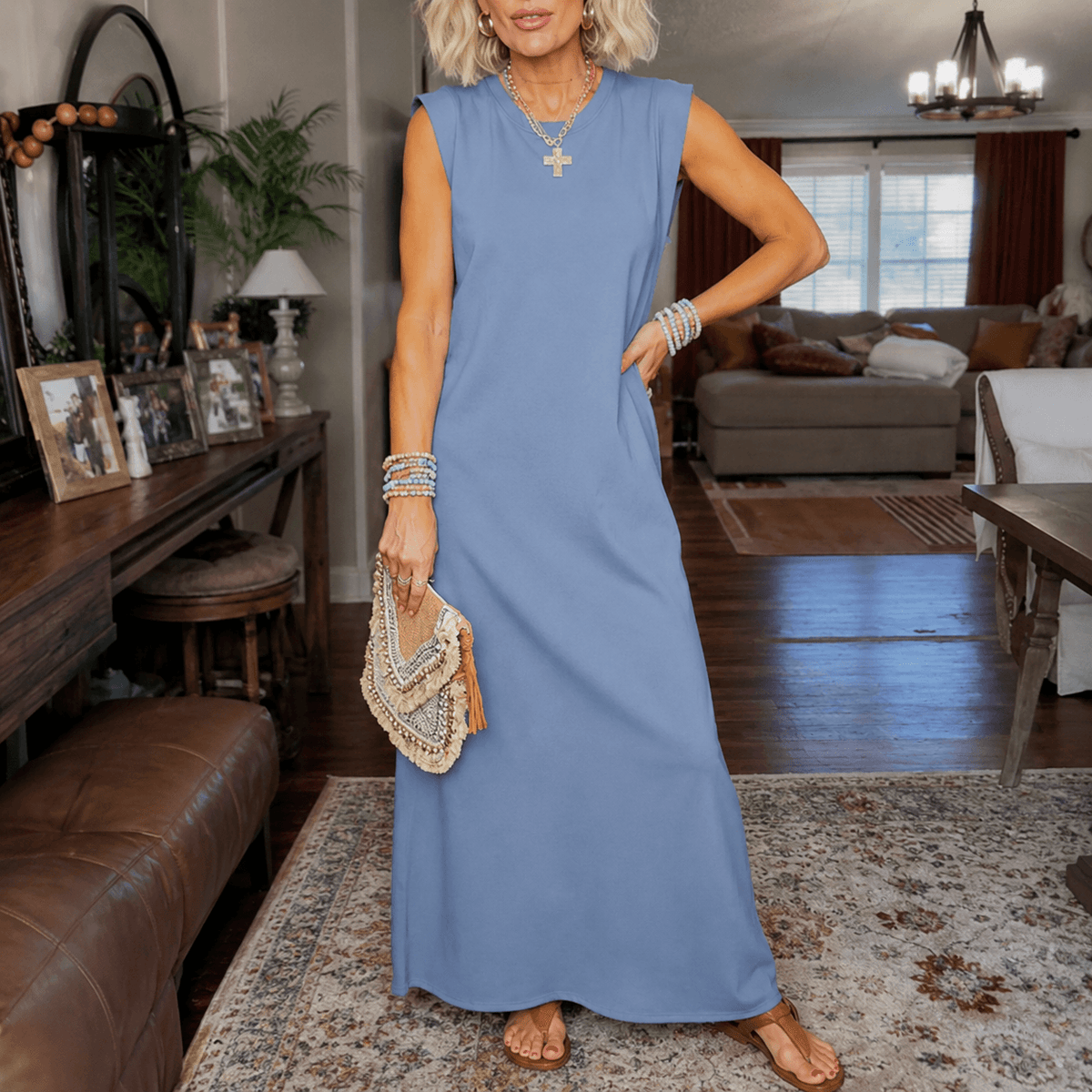 Marella Sleeveless Wrinkle-Free Split-Hem Summer Midi Dress with Pockets