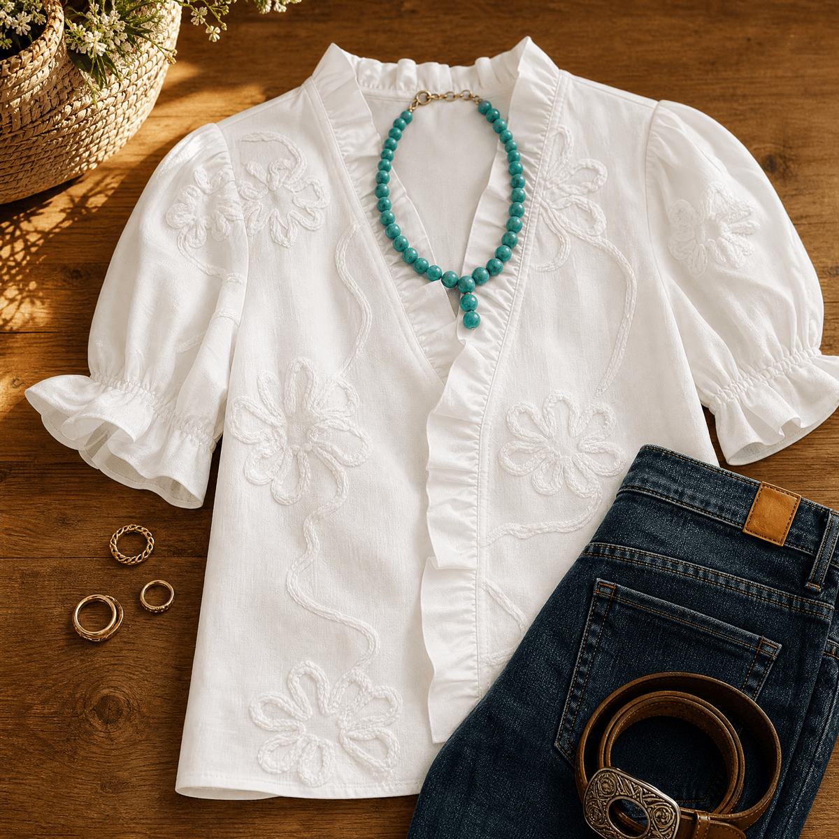 Embroidered Puff Sleeve Ruffled V-Neck Top for Women in Cotton
