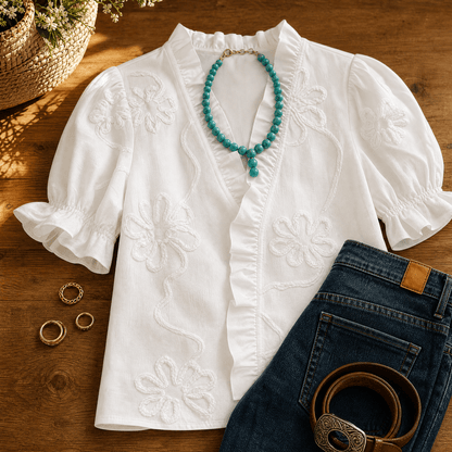 Embroidered Puff Sleeve Ruffled V-Neck Top for Women in Cotton