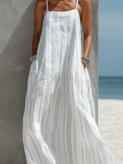 Vertical Striped Loose Woven Summer Maxi Dress with Spaghetti Straps