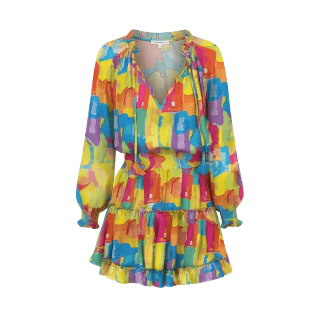 Printed V-Neck Ruffle Mini Dress with Lantern Sleeves for Women
