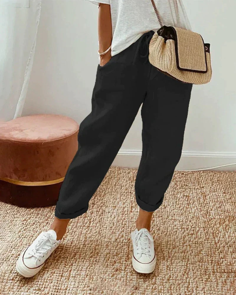Women's Relaxed Linen Trousers with Elastic Drawstring Waist