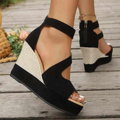 Thessalia Black Platform Wedge Sandals with Ankle Strap and Open Toe