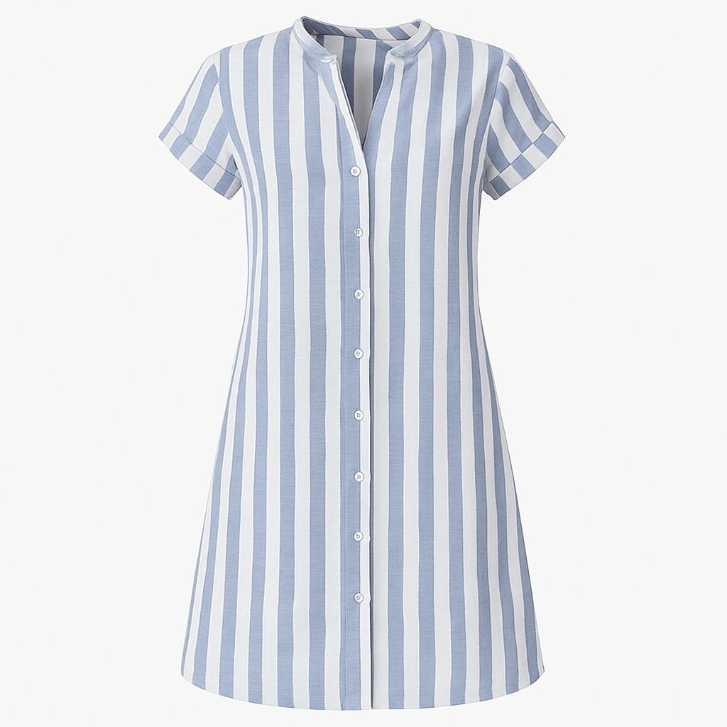 Women's Striped Cotton Button-Front Shirt Midi Dress with Short Sleeves