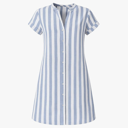 Women's Striped Cotton Button-Front Shirt Midi Dress with Short Sleeves