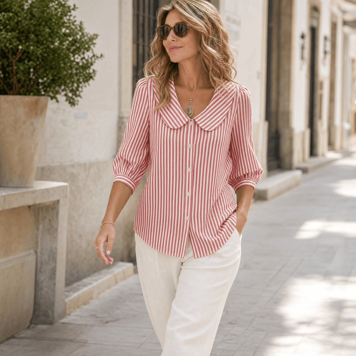 Solène Striped Sailor Collar Top with Puff Sleeves for Women