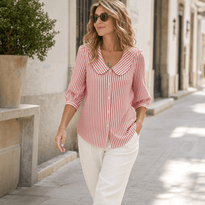 Solène Striped Sailor Collar Top with Puff Sleeves for Women