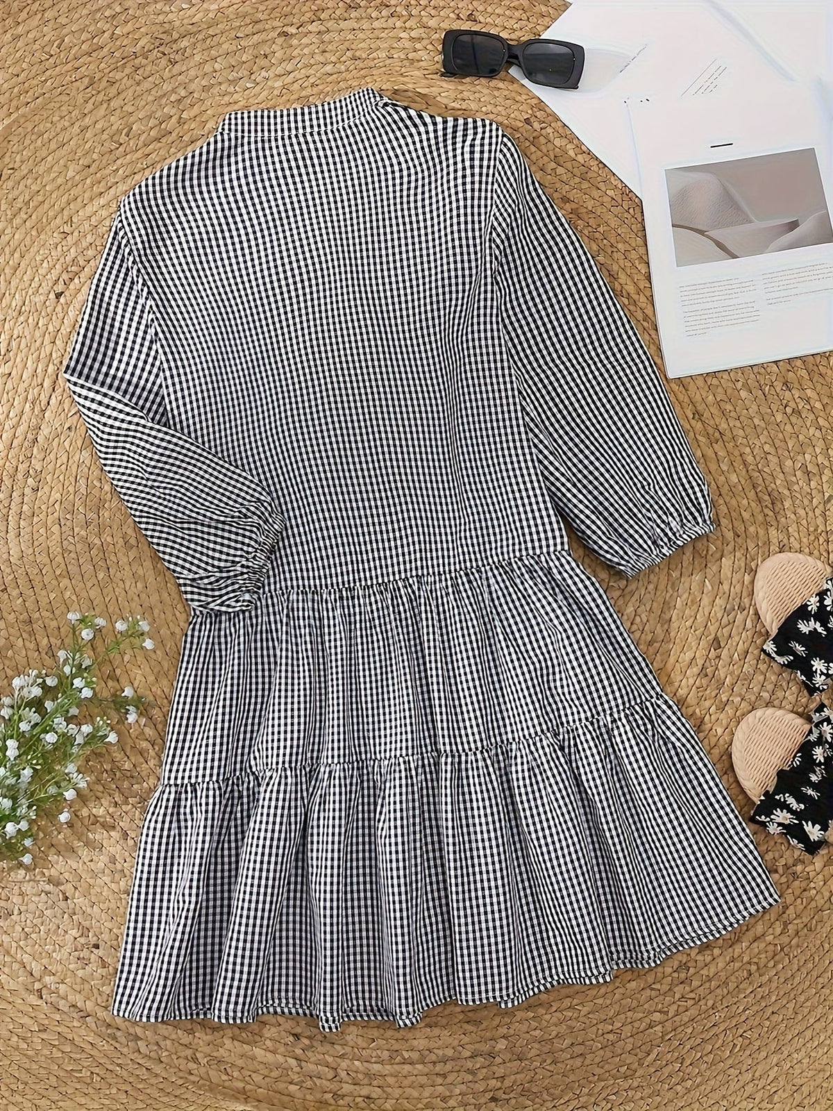 Gingham Button-Down Tiered Mini Dress for Women