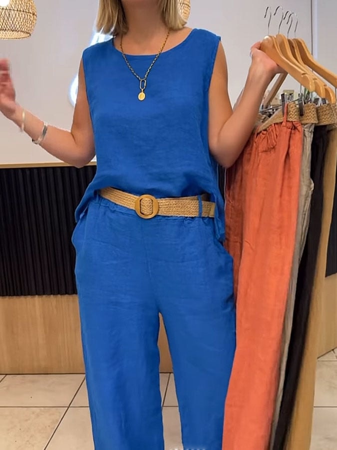 Women's Sleeveless Wide-Leg Linen Jumpsuit with Elastic Waist