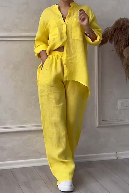 Fara Matching Cotton Linen Shirt and Wide-Leg Pants Two-Piece Co-Ord Set