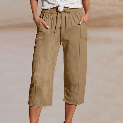 Women's Cotton Linen Cropped Wide-Leg Pants with Drawstring Waist