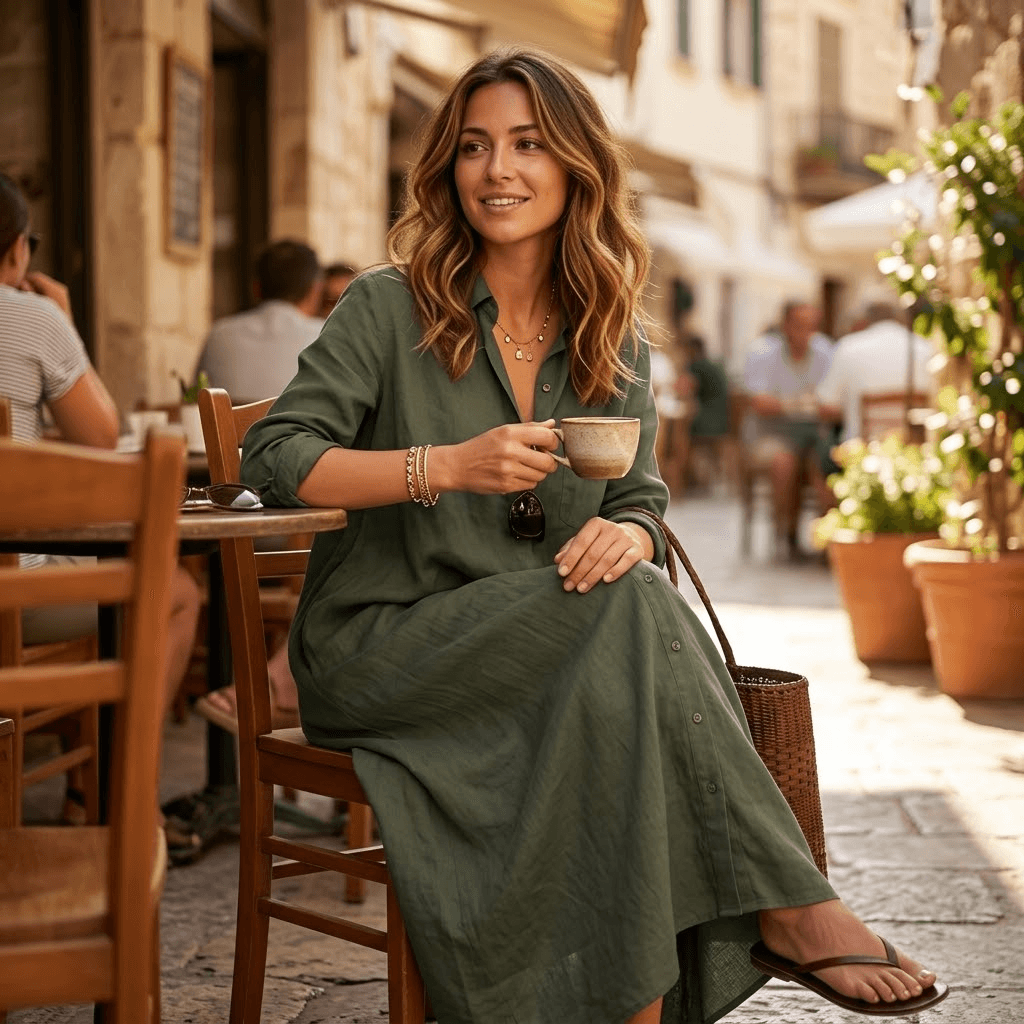 Halvine Button-Through Maxi Shirt Dress with Long Sleeves and Side Pockets